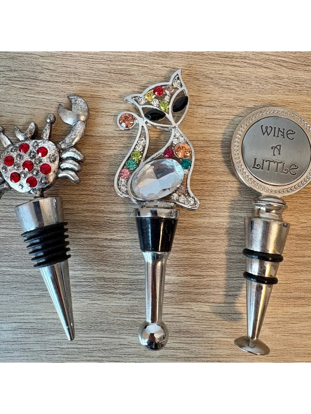 Bundle of 3 Wine Bottle Stoppers, Silver, Cat Crab